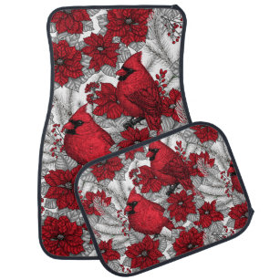 Cardinals and poinsettia in red and white car mat