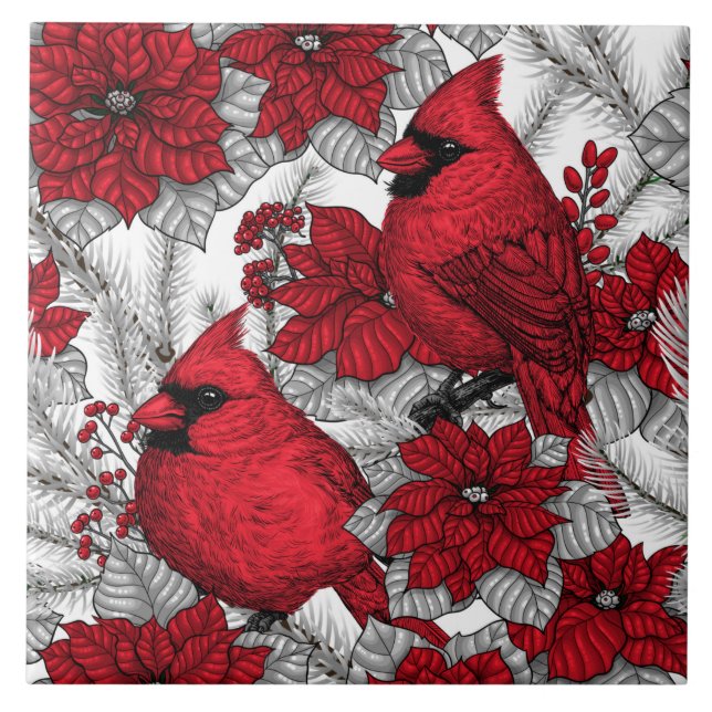 Cardinals and poinsettia in red and white ceramic tile (Front)