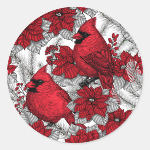 Cardinals and poinsettia in red and white classic round sticker