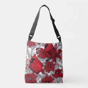 Cardinals and poinsettia in red and white crossbody bag