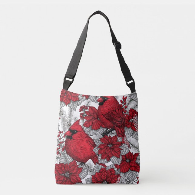 Cardinals and poinsettia in red and white crossbody bag (Front)