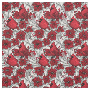 Cardinals and poinsettia in red and white fabric