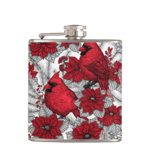 Cardinals and poinsettia in red and white hip flask