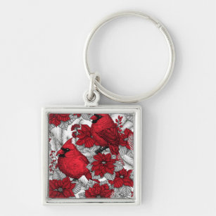 Cardinals and poinsettia in red and white key ring