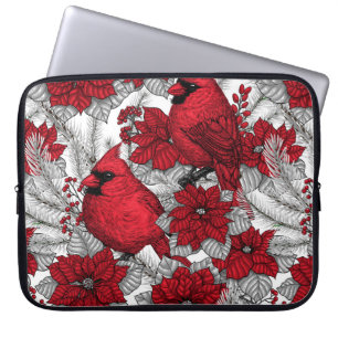 Cardinals and poinsettia in red and white laptop sleeve