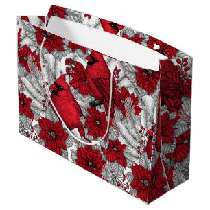 Cardinals and poinsettia in red and white large gift bag