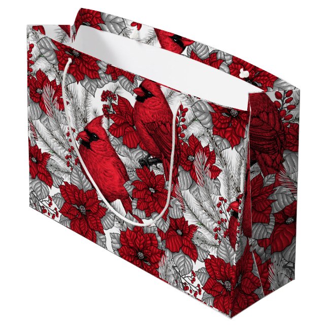 Cardinals and poinsettia in red and white large gift bag (Back Angled)