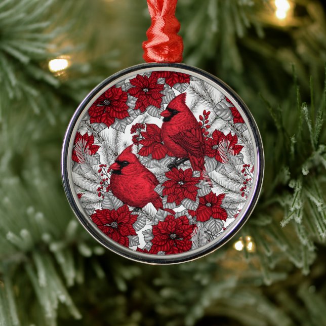 Cardinals and poinsettia in red and white metal ornament (Tree)