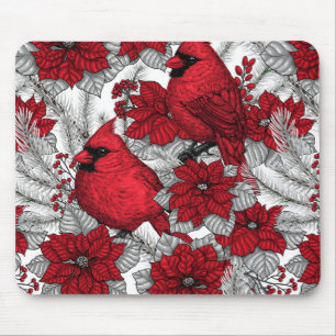 Cardinals and poinsettia in red and white mouse pad