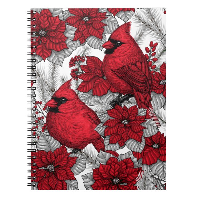 Cardinals and poinsettia in red and white notebook (Front)
