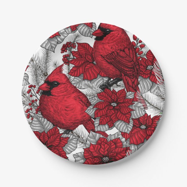 Cardinals and poinsettia in red and white paper plate (Front)