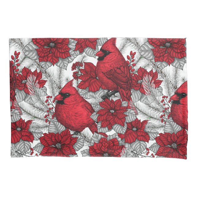 Cardinals and poinsettia in red and white pillowcase (Front-Left)