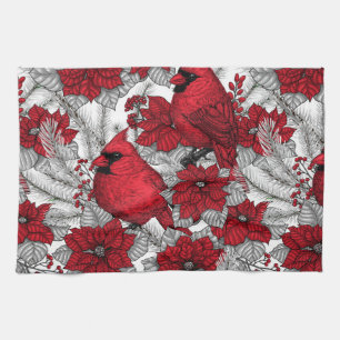 Cardinals and poinsettia in red and white tea towel