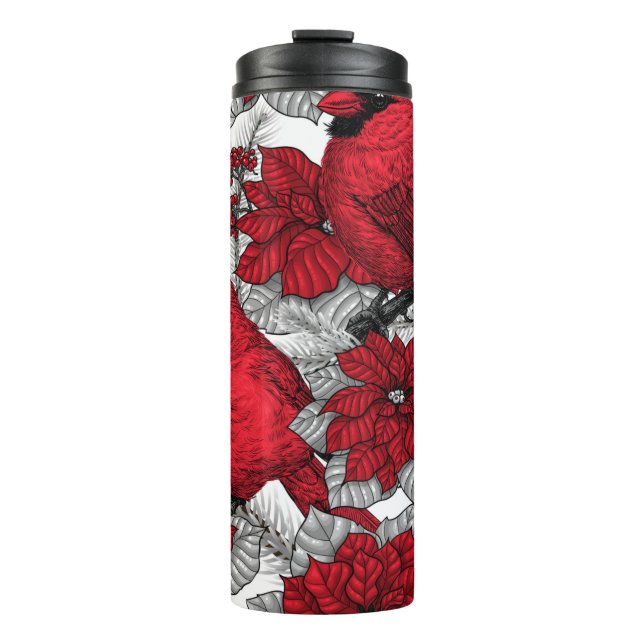 Cardinals and poinsettia in red and white thermal tumbler (Front)