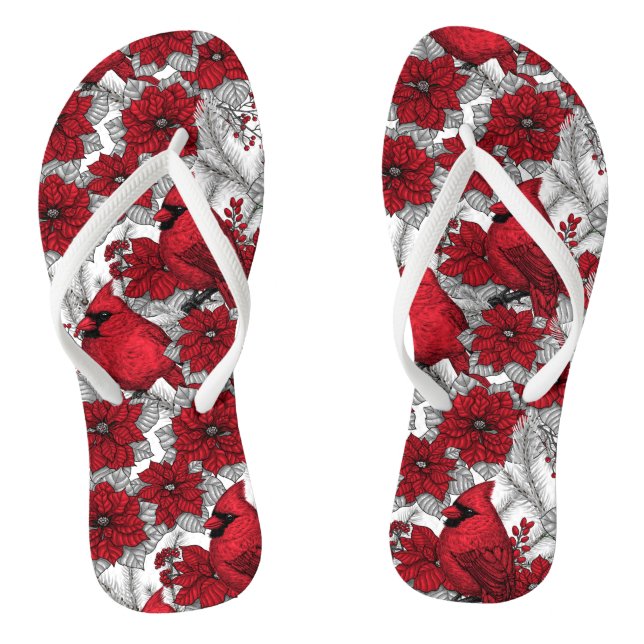 Cardinals and poinsettia in red and white thongs (Footbed)