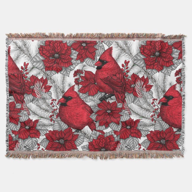 Cardinals and poinsettia in red and white throw blanket (Front)
