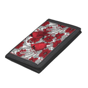 Cardinals and poinsettia in red and white trifold wallet