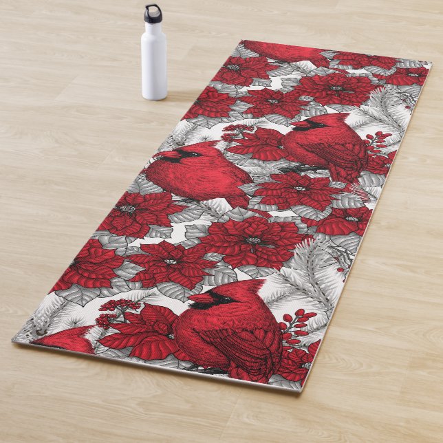 Cardinals and poinsettia in red and white yoga mat (In Situ)