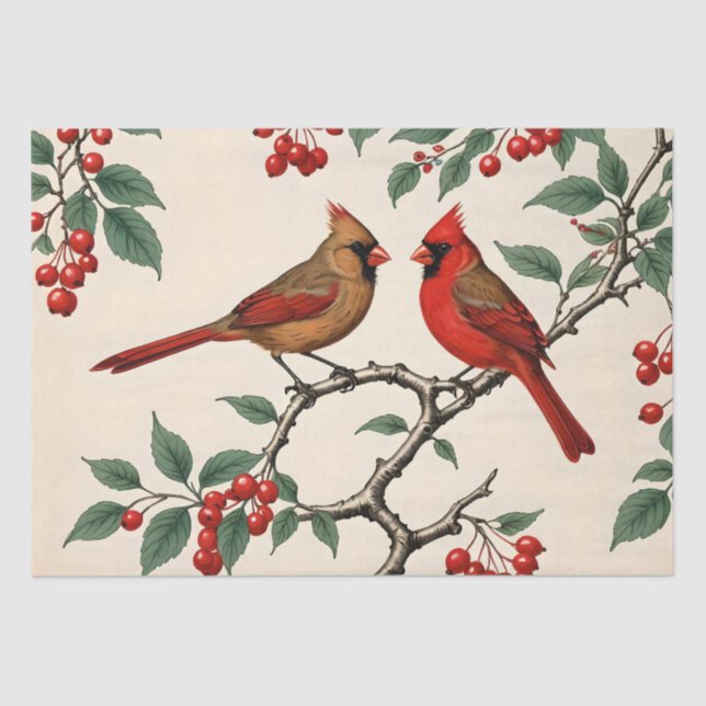 Cardinals and Red Berries Decoupage Tissue Paper (Front)