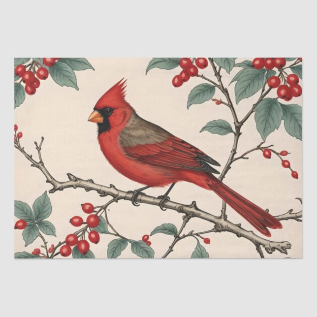 Cardinals and Red Berries Decoupage Tissue Paper (Front)