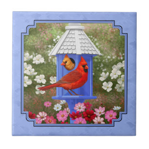 Cardinals and Round Birdhouse Blue Ceramic Tile