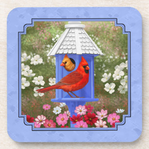 Cardinals and Round Birdhouse Blue Coaster