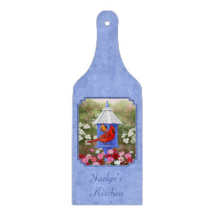 Cardinals and Round Birdhouse Blue Cutting Board