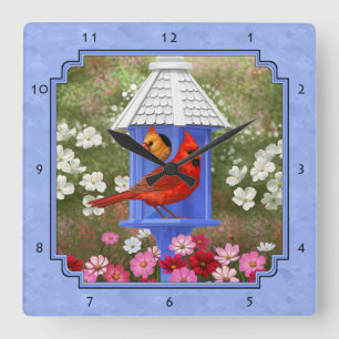 Cardinals and Round Birdhouse Blue Square Wall Clock