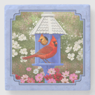Cardinals and Round Birdhouse Blue Stone Coaster