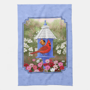 Cardinals and Round Birdhouse Blue Tea Towel