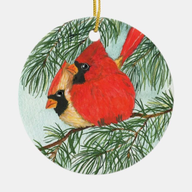 cardinals and snowman ceramic ornament (Front)