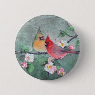 CARDINALS & APPLE BLOSSOMS by SHARON SHARPE 6 Cm Round Badge