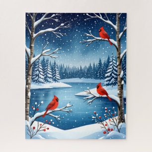 Cardinals by a Snowy Lake Winter Scene Jigsaw Puzzle