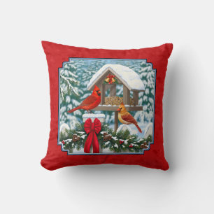 Cardinals Christmas Birdfeeder Red Cushion