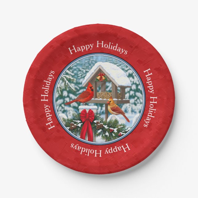 Cardinals Christmas Birdfeeder Red Paper Plate (Front)