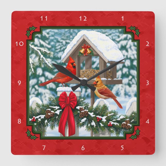 Cardinals Christmas Birdfeeder Red Square Wall Clock (Front)