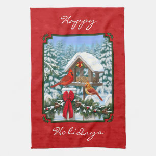 Cardinals Christmas Birdfeeder Red Tea Towel