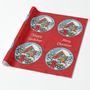 Cardinals Christmas Birdfeeder Red Wrapping Paper