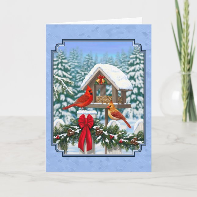 Cardinals Christmas Feast Blue Holiday Card (Front)