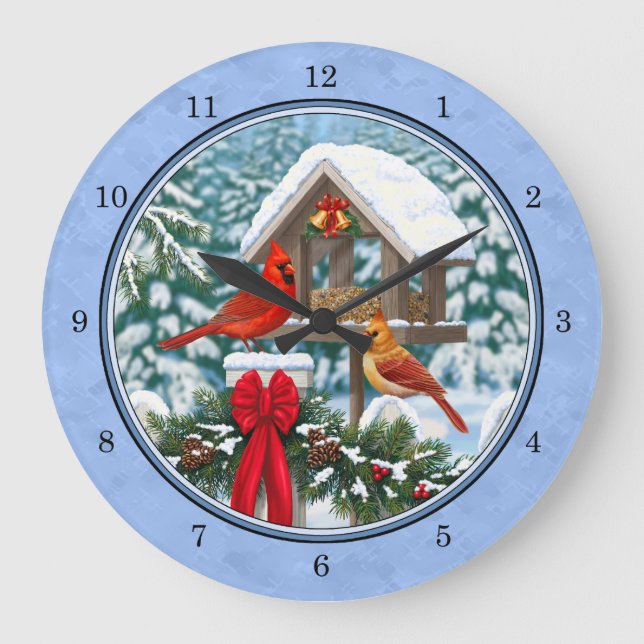 Cardinals Christmas Feast Blue Large Clock (Front)