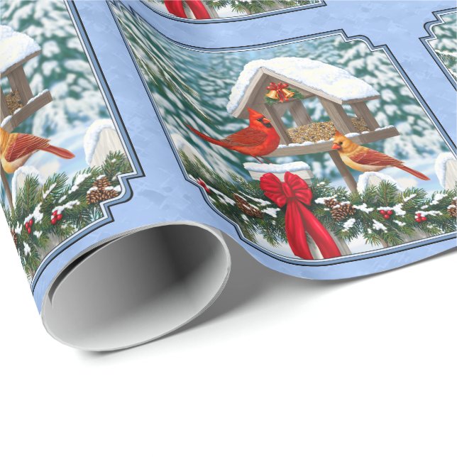 Cardinals Christmas Feast Blue Wrapping Paper (Roll Corner)