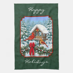 Cardinals Christmas Feast Green Tea Towel