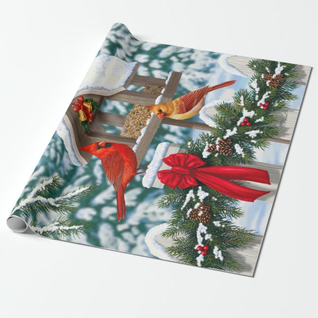 Cardinals Christmas Feast Wrapping Paper (Unrolled)