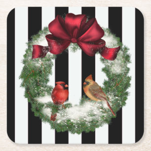 Cardinals Christmas Wreath and Stripes Square Paper Coaster