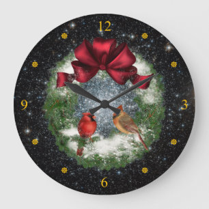 Cardinals ~ Christmas Wreath ~ Night Sky ~   Large Clock