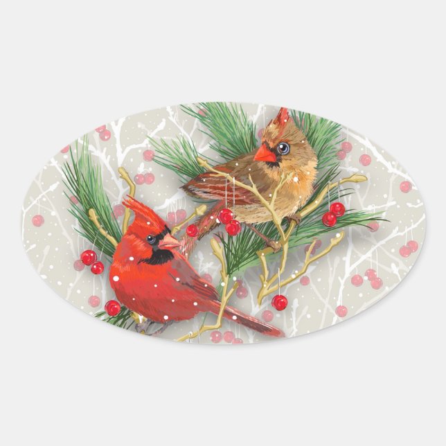 Cardinals Couple Christmas Oval Sticker (Front)