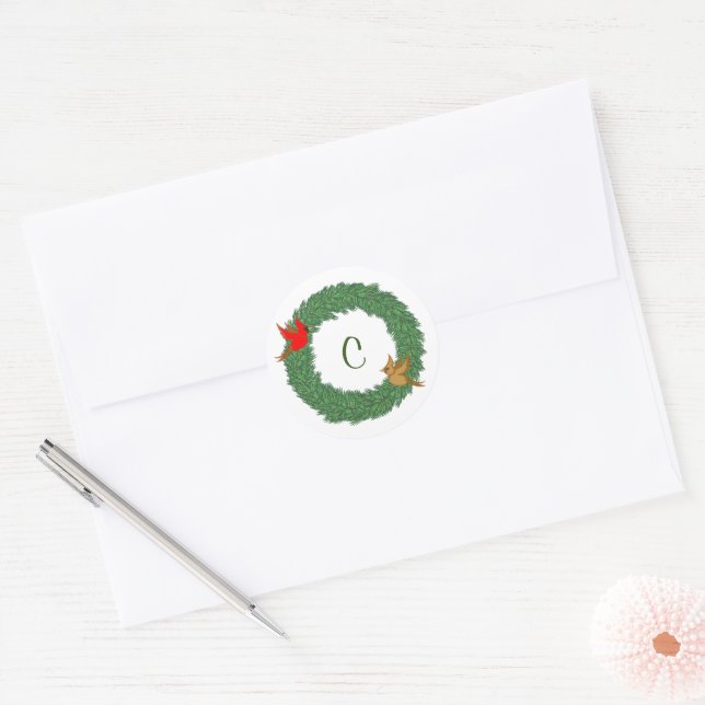 Cardinals in Evergreen Wreath with Monogram Classic Round Sticker (Envelope)