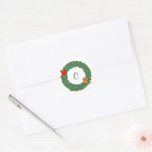 Cardinals in Evergreen Wreath with Monogram Classic Round Sticker