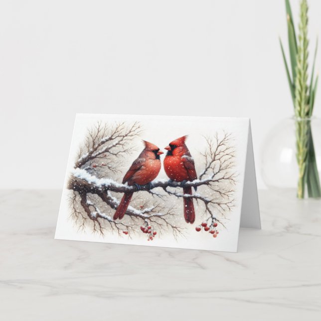 Cardinals in Snow on Tree Branch Red Berries  Card (Front)