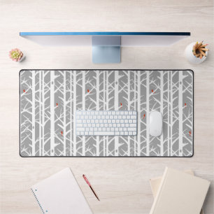 Cardinals in the Birch Trees in Light Gray Desk Mat